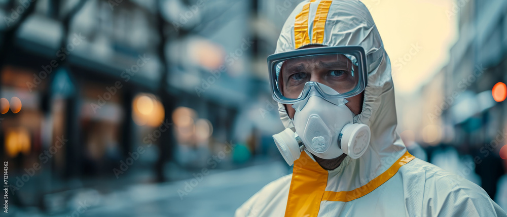 Man wearing bio hazard suits in on city streets due to pollution and contamination, working with team,generative ai Man wearing bio hazard suits in on city streets due to pollution and contamination, working with team,generative ai