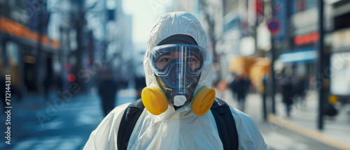 Man wearing bio hazard suits in on city streets due to pollution and contamination, working with team,generative ai photo