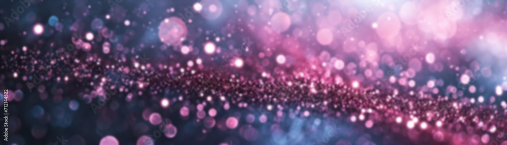 A radiant violet glitter bokeh background, ideal for use in beauty, romance-themed visuals or celebratory event graphics. Panoramic banner.