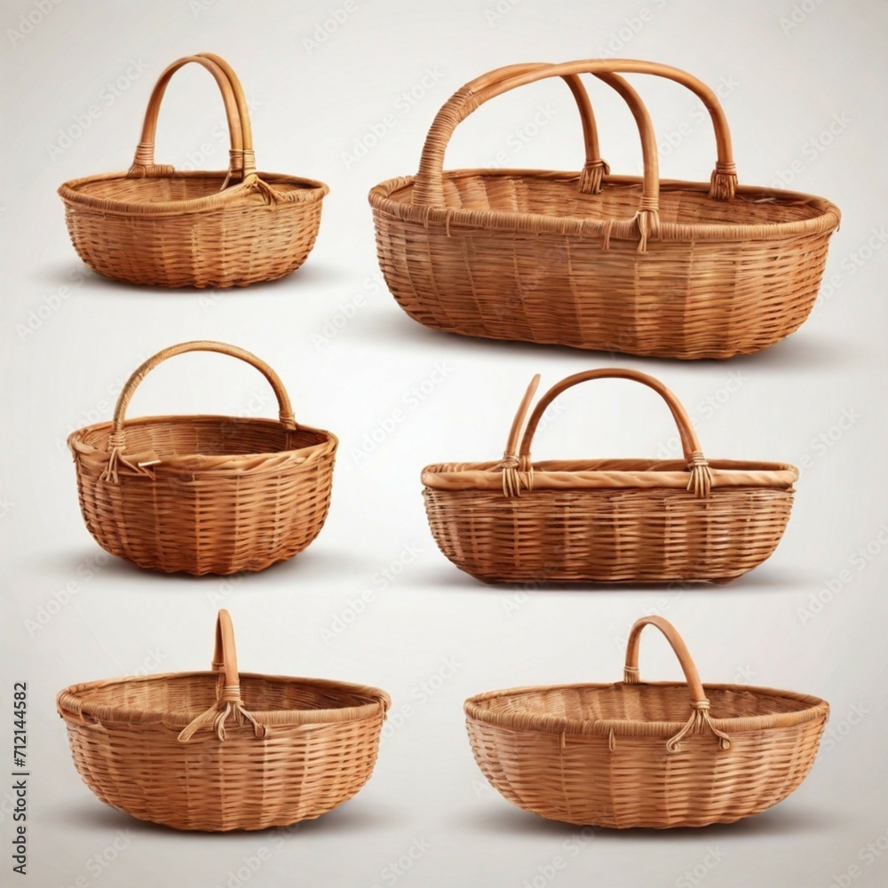 Empty wooden wicker basket on white background
