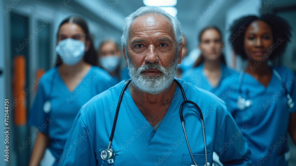 Doctors running down a hospital corridor Doctors running down a hospital corridor