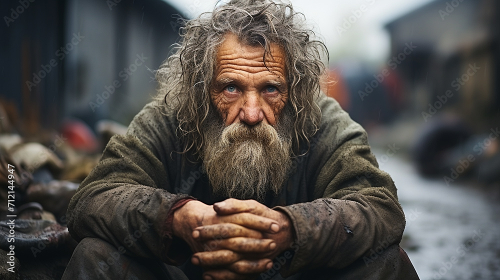 Portrait of an old poor homeless man outside in the cold