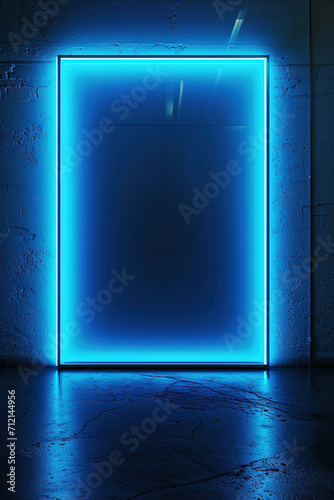 Striking blue neon light rectangular frame on a grunge wall, with ample copy space for text or logo, ideal for tech or art-themed design projects.