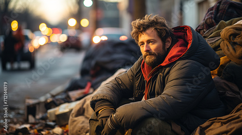 A desperate, homeless man sitting on a dark street