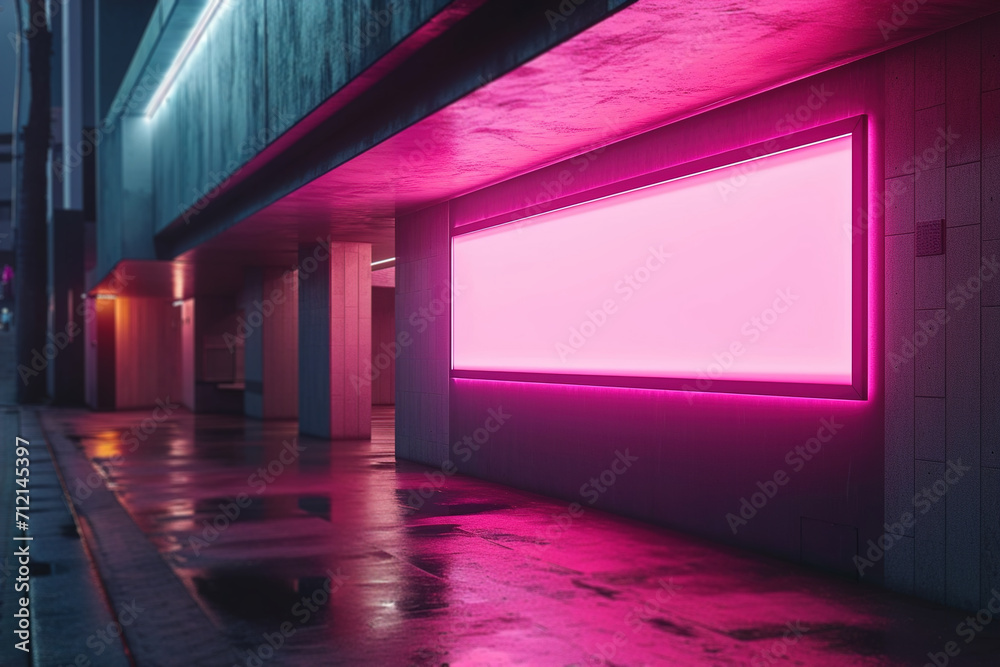 An empty pink neon-lit billboard on a city street at twilight, perfect for adding advertising or graphics for a modern urban aesthetic.