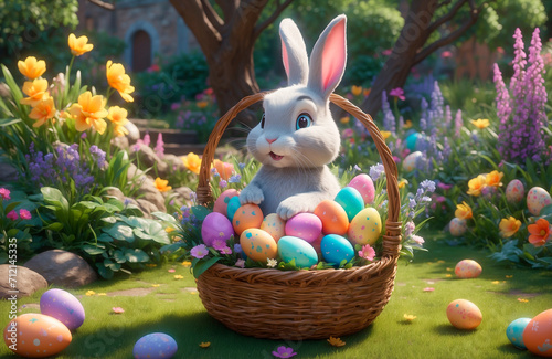 Easter. Rabbit with a basket of eggs