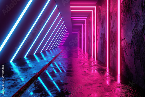 Futuristic neon-lit corridor with vivid pink and blue lights reflecting on glossy floor, perfect for gaming, VR environments, or modern sci-fi visuals.