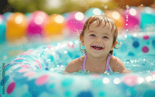 Happy toddler playing in pool splashing water joyfully, children and water concept