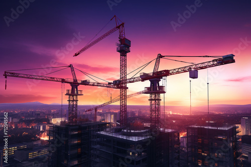 Crane,Construction tower cranes equipment over building construction site silhouette on sunset sky amazing colorful cloud background in the evening technology transparent background Generative Ai