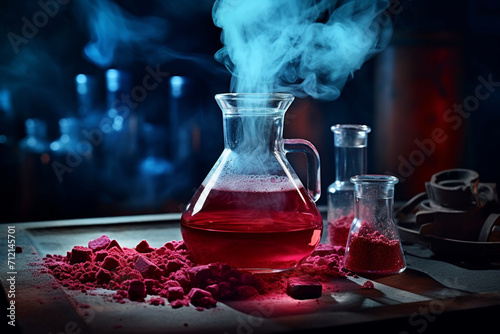 Potions, old book and candles on alchemist's table Magic and wizardry concept. Set of sorcery book and magic potion. Alchemy and concept. transparent background Generative Ai photo