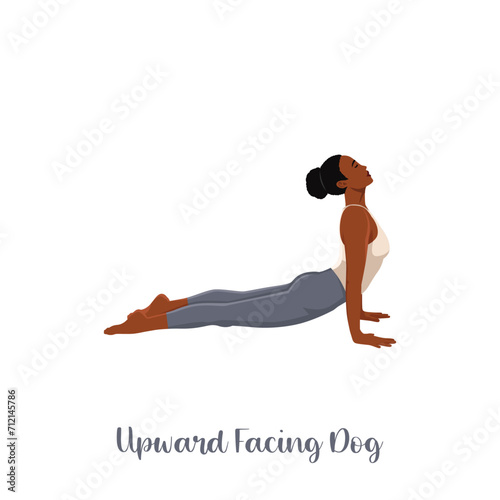 Woman practicing urdhva mukha svanasana exercise flat vector illustration. Yoga practice. Girl doing upward facing dog pose. Flat vector illustration isolated on white background