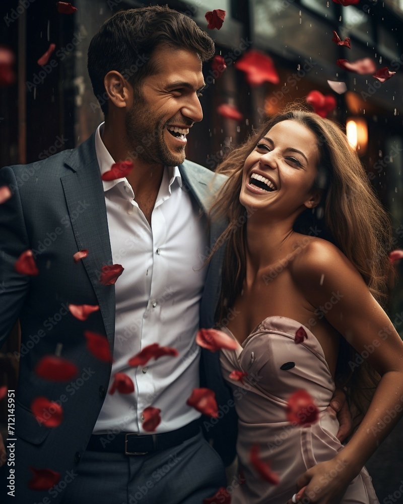 Young couple surrounded by rose petals on the street