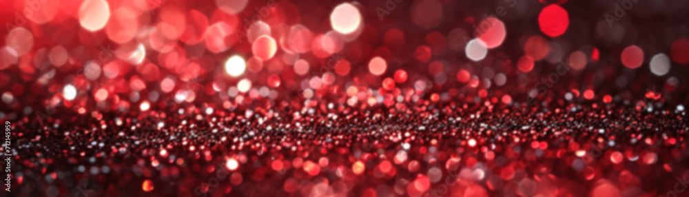 A captivating red glitter background with a blurred bokeh effect, perfect for luxury ads, romantic visuals, or festive design elements. Panoramic banner.
