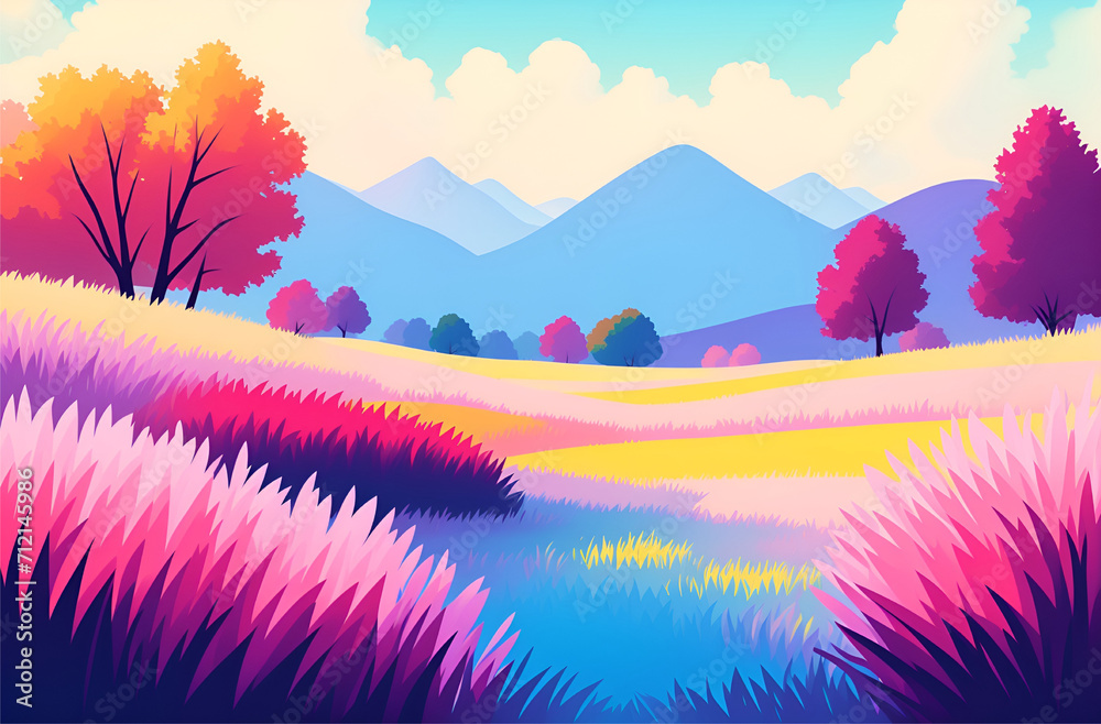 Colorful landscape with mountains and trees