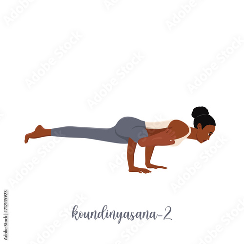 Woman practicing yoga Eka Pada Koundinyasana or Albatross Pose. Flat vector illustration isolated on white background