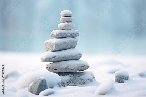 Harmony and balance, cairn, poise stones on light background, rock zen sculpture, five white pebbles, three pebbles in white snow, sunny transparent background Generative Ai photo