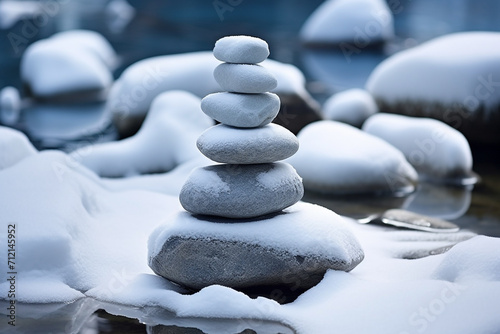 Harmony and balance, cairn, poise stones on light background, rock zen sculpture, five white pebbles, three pebbles in white snow, sunny transparent background Generative Ai