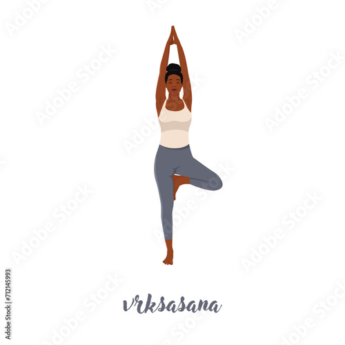 Woman standing in vrksasana posture vector flat illustration. Active female in Tree pose. Flat vector illustration isolated on white background
