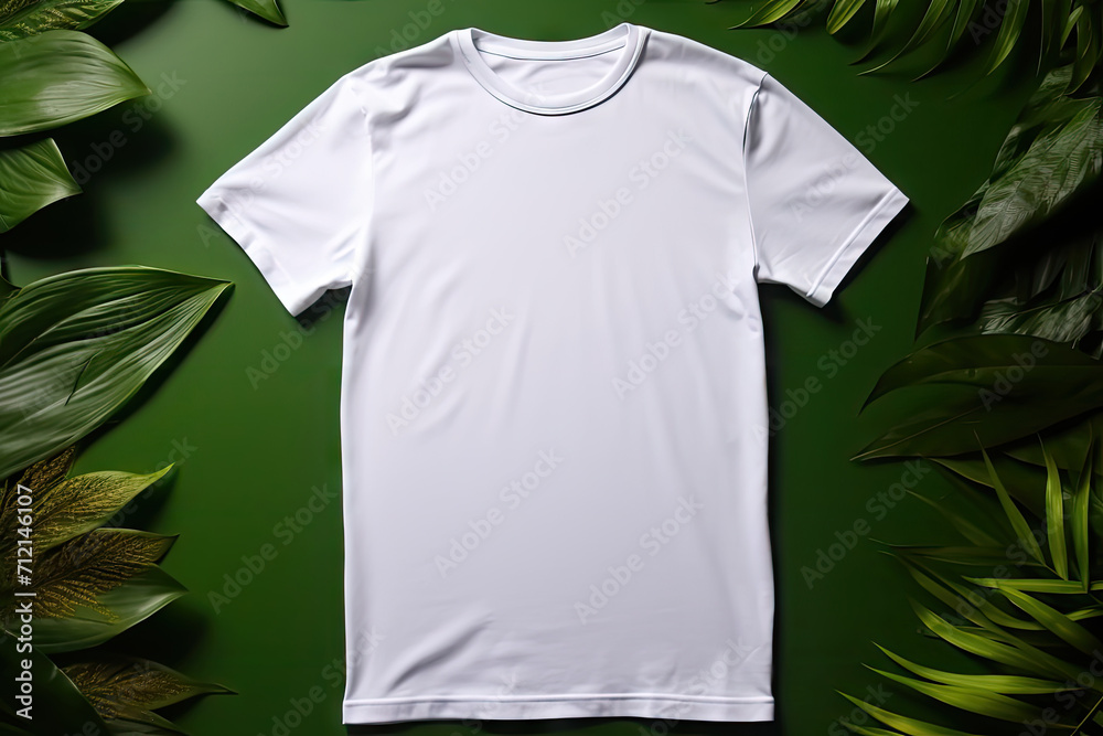 White Tshirt Mock up with tropical leaves decor White Tshirt Mock up with tropical leaves decor