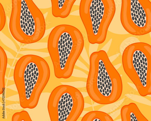 Bright tropical seamless pattern. Bright orange papaya on a yellow background. Papaya and palm leaves. Exotic fruits.