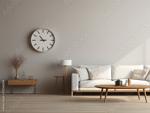 Living room with furniture and big wall clock