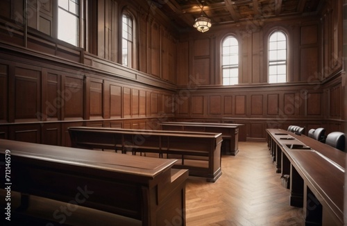 Empty American Style Courtroom. Supreme Court of Law and Justice Trial Stand. Courthouse Before Civil Case Hearing Starts from Generative AI