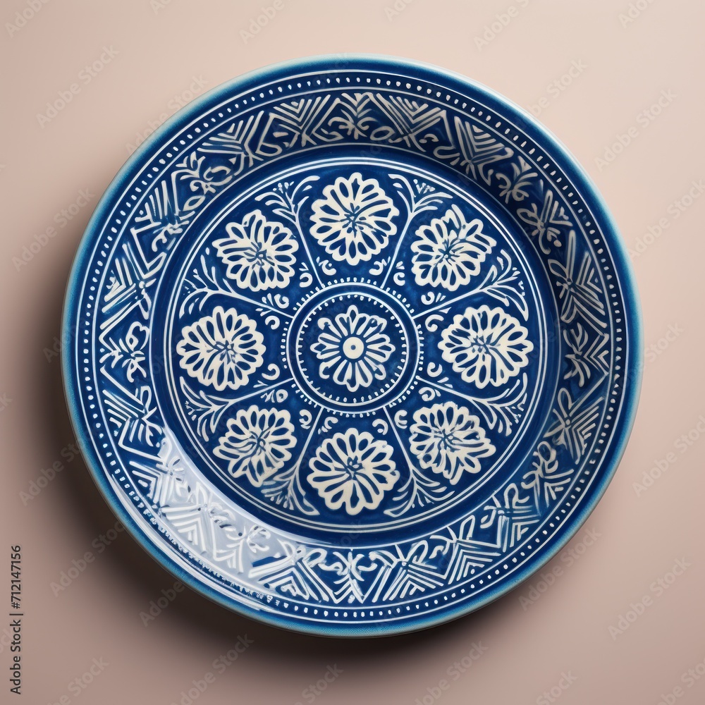 Decorative Moroccan ceramic hand painted plate, handmade, isolated, closeup top view. Decorative Moroccan ceramic hand painted plate, handmade, isolated, closeup top view.
