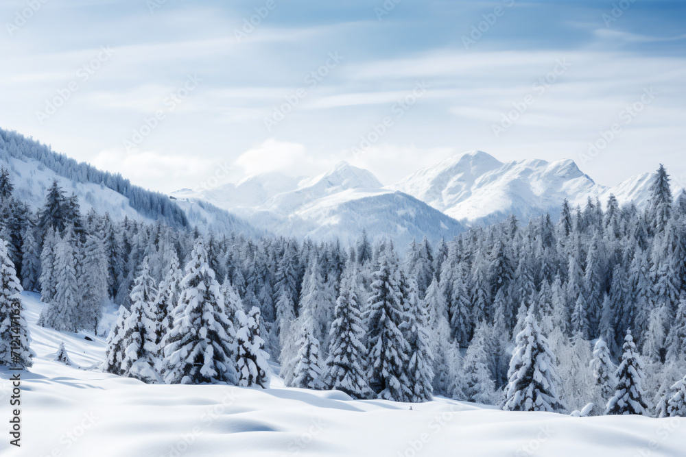 a snowy mountain with several pine trees on it, light azure, traditional, bright backgrounds, cold and detached atmosphere, white and azure


