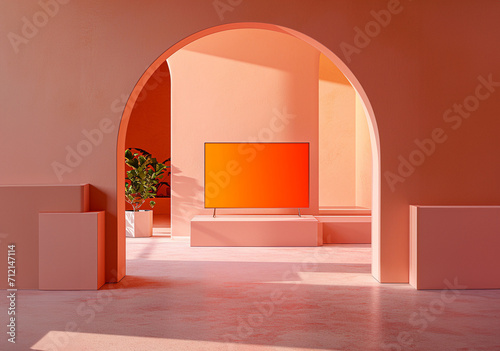 Stylish interior with arches. Peach and orange colors. Blank orange tv screen copy space. photo