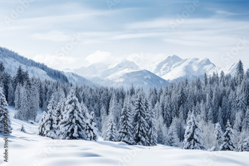 a snowy mountain with several pine trees on it, light azure, traditional, bright backgrounds, cold and detached atmosphere, white and azure