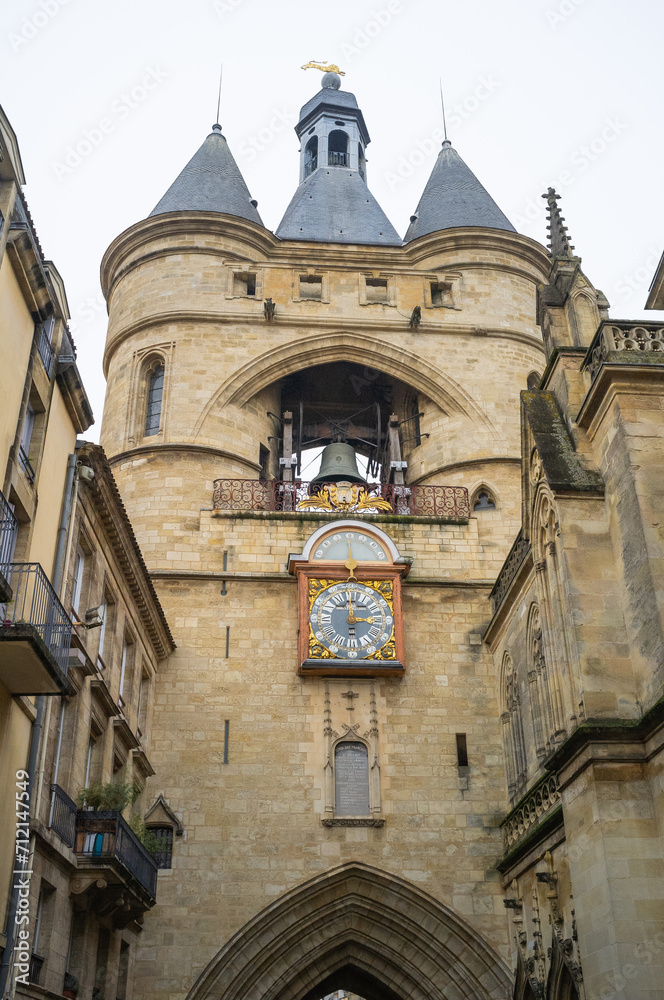 BORDEAUX, FRANCE - JANUARY 14, 2024: Porte Saint Eloi Gate, also known as Grosse Cloche (Big Bell) in the city center of Bordeaux, High quality photo