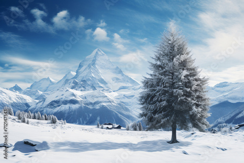 a snowy mountain with several pine trees on it, light azure, traditional, bright backgrounds, cold and detached atmosphere, white and azure    © Possibility Pages
