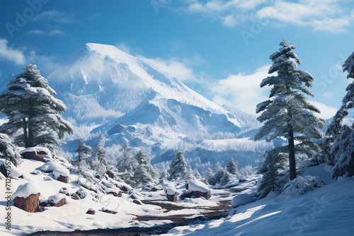 a snowy mountain with several pine trees on it, light azure, traditional, bright backgrounds, cold and detached atmosphere, white and azure