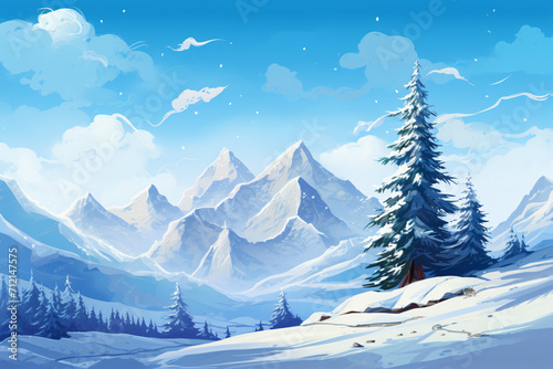 a snow covered spruce tree with snowy mountains, azure, white and azure


