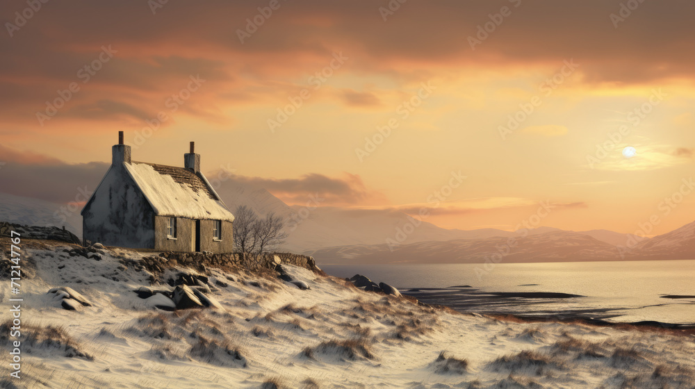 Cottage Church in the fog at sunrise. Winter snow scene. lonely house at dawn, A cabin in the snow in the Scottish mountains - obrazy, fototapety, plakaty 