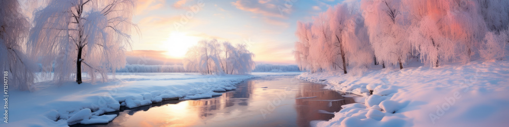 Amazing snowy landscape midst of winter, the enchanting beauty of nature emerges as the pure white snow blankets the land, Winter landscape. Winter trees and river. Winter background, banner - obrazy, fototapety, plakaty 
