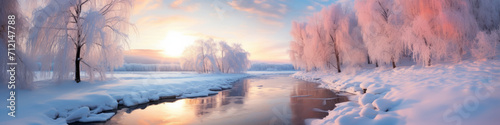 Amazing snowy landscape midst of winter, the enchanting beauty of nature emerges as the pure white snow blankets the land, Winter landscape. Winter trees and river. Winter background, banner photo