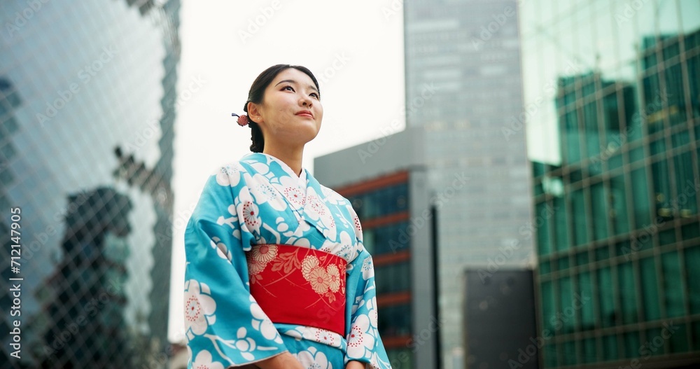 Thinking, Japanese woman and ideas with city, buildings and opportunity with wonder, relax and travel. Person, outdoor and girl in the streets, choice and calm with peace, commute and thoughts