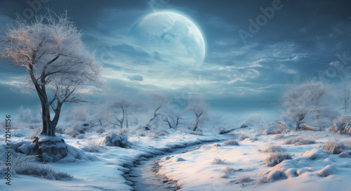 Abstract trees in the snow covered landscape by moonlight, surrealistic moon fantasy landscapes. Alone determined concept.