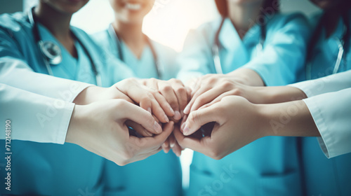 Heart teamwork or hands of doctors with support