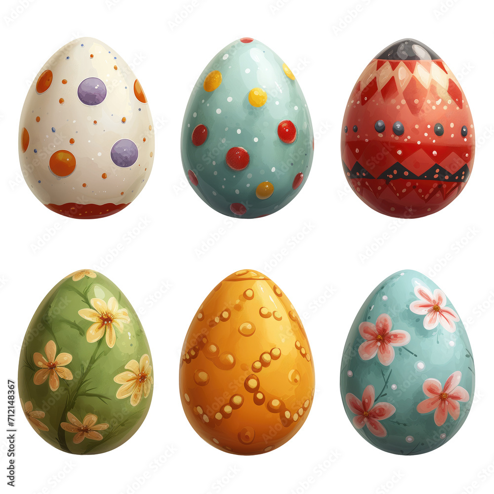 Set of six colourful painted easter eggs in watercolour style isolated on a transparent background Set of six colourful painted easter eggs in watercolour style isolated on a transparent background