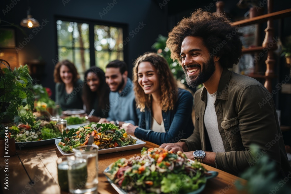 Multi-ethnic team enjoying a healthy lunch spread in the office, embracing a communal dining culture, Generative AI Multi-ethnic team enjoying a healthy lunch spread in the office, embracing a communal dining culture, Generative AI