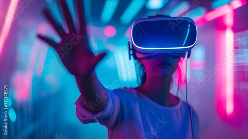 Surprised teen woman use vr glasses with digital light background. Virtual gadgets for entertainment, work, free time and study. Virtual reality metaverse technology concept.