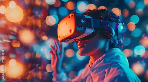 Surprised teen woman use vr glasses with digital light background. Virtual gadgets for entertainment  work  free time and study. Virtual reality metaverse technology concept.
