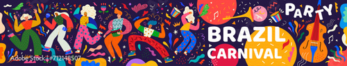 Carnival party. Carnival collection of colorful cards. Design for Brazil Carnival with dancing people. Decorative abstract illustration with colorful doodles. Music festival illustration
