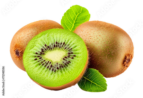 kiwi whole and cross section with leaves isolated on white or transparent background