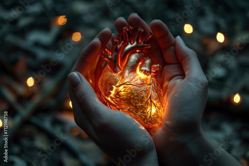 Glowing human heart in hands. The shining human heart