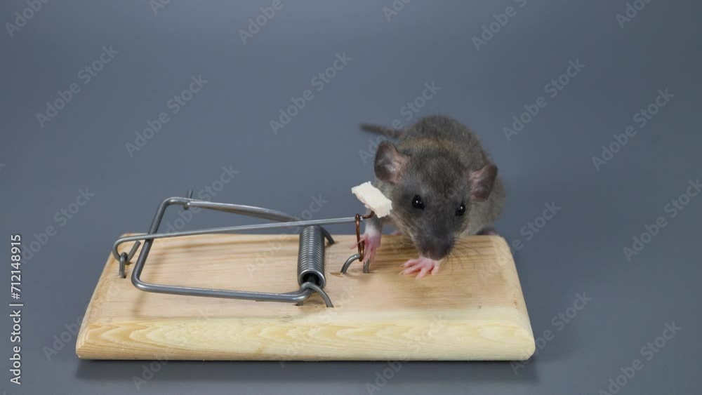 An agouti-colored baby rat eats food from a mousetrap. Rodent on a gray background. Catching pests at home