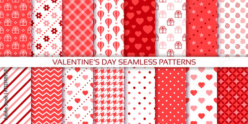 Valentine's day seamless pattern. Red background. Love textures with heart, polka dot, gifts and flowers. Set cute prints. Retro romantic wrapping papers. Holiday romance backdrop. Vector illustration