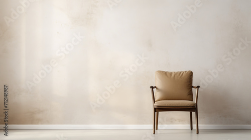 a Khaki chair in front of a white wall